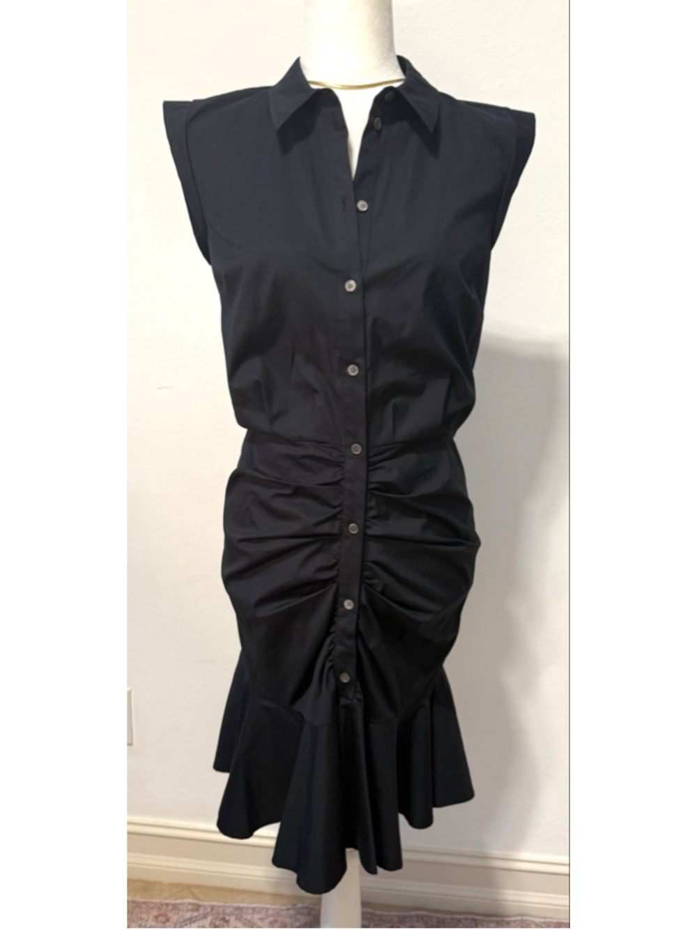 Veronica Beard Black Ruched Button-Front Midi Dress Size 4, cap sleeve